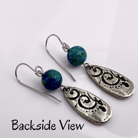 BLUE Peacock Turquoise Earrings with Teardrop Silver Charms - Picture 7 of 12